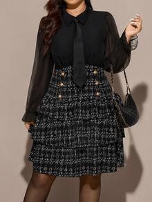 Comfylo Große Größen verspieltes Laternärmel Karomuster Mesh Patchwork Langarm Kleid - Schwarz - Übersicht 6