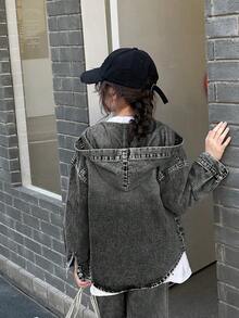 Genkimix Kids Denimly Tween Girls 学院风休闲日常都市街头牛仔连帽开衫，宽松舒适百搭休闲简约百搭