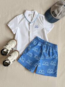 Joliand Joliand 2 Stücke Elegantes Urban Stil Set für Kleine Jungen mit grün gestreiftem Hemd und beigefarbenen Shorts, inklusive rosa Fliege, geeignet für Hochzeiten, Partys, Ausflüge, Picknicks, Sommer - Verschiedenfarbig - Übersicht 1