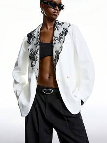 LYSMO 2025新款极简主义冬季女士蕾丝拼接撞色双排扣长袖西装外套，休闲女士西装外套，新年、派对、优雅女士，白色，适合新年夜女士西装外套，白色蕾丝细节西装外套，印花翻领西装外套，黑白西装外套 - 黑與白 - 查看 1