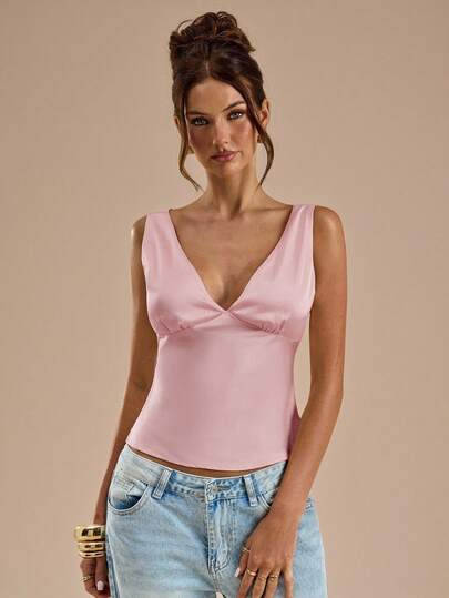SHEIN BAE 優雅灰粉色緞面與蕾絲拼接背心，適合夏季女性派對、海灘度假、音樂節、早午餐、婚禮賓客、伴娘、情人節