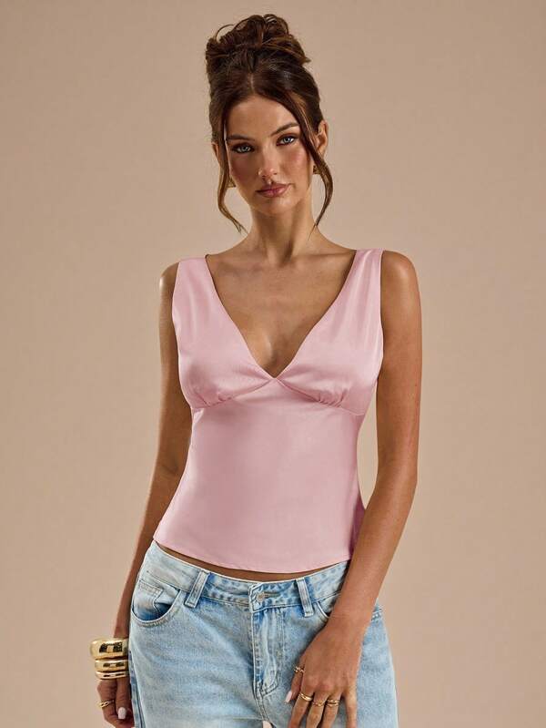 SHEIN BAE Satin & Lace Patchwork Tank Top, Suitable For Vacation, Beach Tank Top, Music Festival Tank Top, Brunch, Wedding Guest, Bridesmaid, Spring/Summer Tank Top,Valentine's Day,Valentine Outfits For Women