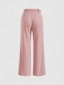 SHEIN MOD 高腰前缝链条细节西装裤，金属装饰，带口袋，淡粉色，办公室工作，秋冬日常 - 藕粉色 - 查看 2