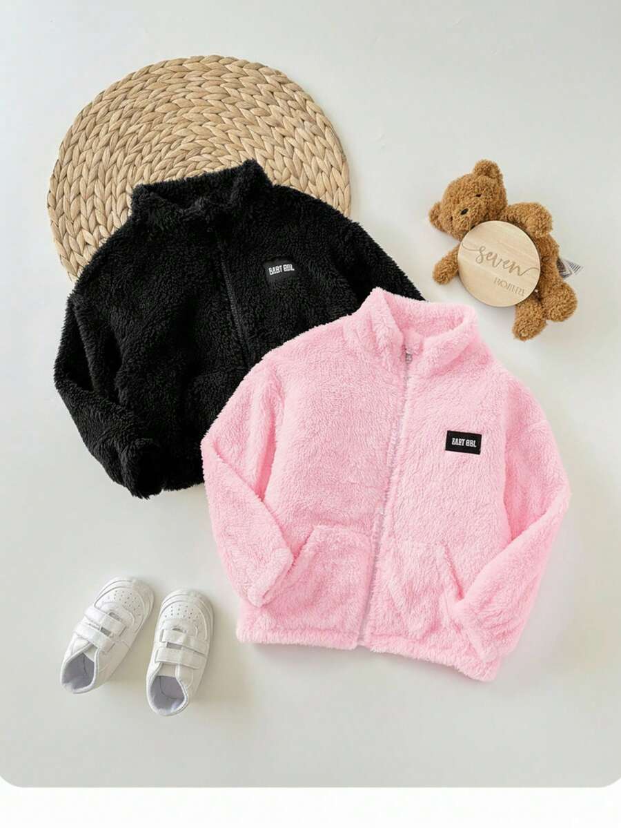 SHEIN Young Girl Letter Applique Long Sleeve Zip-Up Fleece Jacket, Autumn/Winter  Fashion - Black - View 1