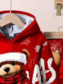 SHEIN 2 件套年轻男孩休闲简约时尚经典圣诞圣诞老人、圣诞树、圣诞礼物、可爱圣诞熊图案印花宽松连帽衫套装，适合秋冬季、圣诞节 - 彩色 - 查看 7