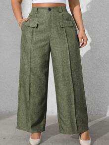 Vionelle 大码女式纯色前口袋休闲西装裤 - 軍綠色 - 查看 6