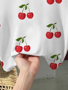 Resyla 女士休闲樱桃印花圆领短款T恤 - 白色 - 查看 5