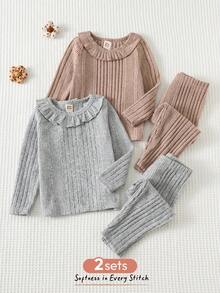 Cozy Pixies 4pcs Baby Girl Solid Color Knit Soft Peter Pan Collar Long Sleeve Pullover Top & Elastic Waist Pants Set Baby Set Autumn Winter Season Baby Girl Knitted Outfits Baby Girl Warm Sets Two Piece Winter Outfits For Toddler Girl Knit Two Piece Toddler - Multicolor - View 1
