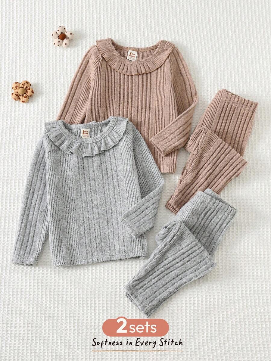 Cozy Pixies 4pcs Baby Girl Solid Color Knit Soft Peter Pan Collar Long Sleeve Pullover Top & Elastic Waist Pants Set Baby Set Autumn Winter Season Baby Girl Knitted Outfits Baby Girl Warm Sets Two Piece Winter Outfits For Toddler Girl Knit Two Piece Toddler - Multicolor - View 1