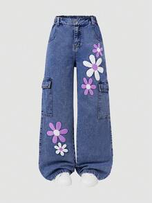 SHEIN ChillGRL Quần jeans ống rộng thêu hoa tuyết thời trang cho bé gái tuổi teen, thích hợp cho mùa xuân, hè, thu và đông với họa tiết bướm và hoa, quần jeans ống rộng họa tiết hoa thập niên 90 cho trẻ em, quần jeans rộng thùng thình thêu họa tiết phong cách Y2K. - Rửa tối - Xem 3