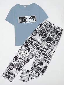 2件套青少年男童休闲卡通印花宽松长裤短袖家居服套装 - 藍色 - 查看 3