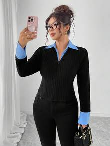 Elenzga Áo thun dài tay màu tương phản có khóa kéo cỡ lớn dành cho nữ, cổ áo sơ mi co giãn thoải mái, đa năng cho thể thao, thường ngày, công sở, thời trang thu đông - Nhiều màu - Xem 6