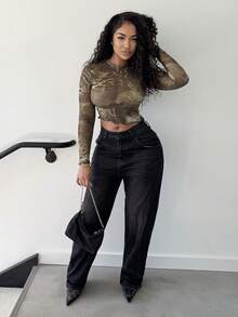 Alexandranx Top de malla de manga larga con estampado mixto de animales sexy para salir, festivales, fiestas, vacaciones en Ibiza, otoño, Halloween, invierno - Verde Oscuro - Ver 6