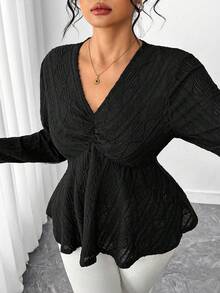 Elenzga Plus Size Women Solid Color Lace V-Neck Ruffle Hem Long Sleeve T-Shirt Long Sleeve Black Top Black Peplum Top Black Blouses For Women Black Babydoll Top - Black - View 6