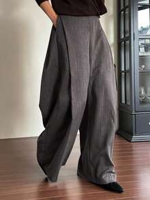 DAZY 女士休闲宽松条纹口袋阔腿裤秋冬 - 灰色 - 查看 4