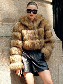 Anewsta Women's Elegant Ombre Leopard Print Faux Fur Hooded Short Jacket - Multicolor - View 4