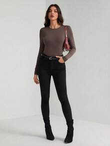 SHEIN Tall Solid Slim Fit Spring Women Bodysuit - Coffee Brown - View 3