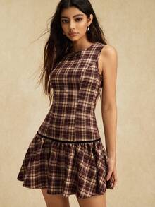 Easelle 棕色格子编织迷你连衣裙（女款） - 棕色 - 查看 3