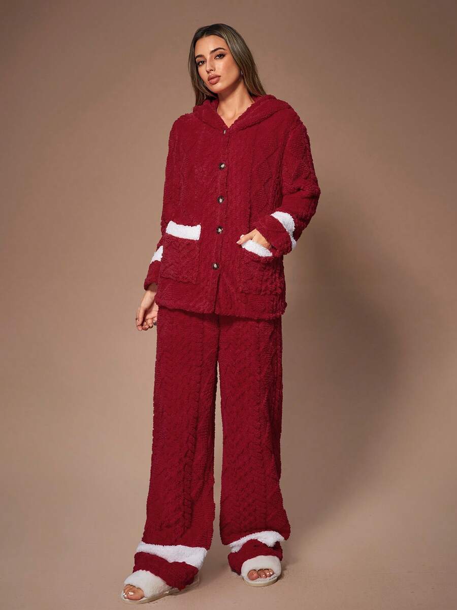 女士撞色拼接双口袋提花连帽上衣和裤子家居服套装,蓬松冬季服装 - 酒紅色 - 查看 1