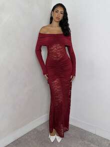 Glamine 女士优雅蕾丝拼接荷叶边长袖露肩连衣裙 - 酒紅色 - 查看 3