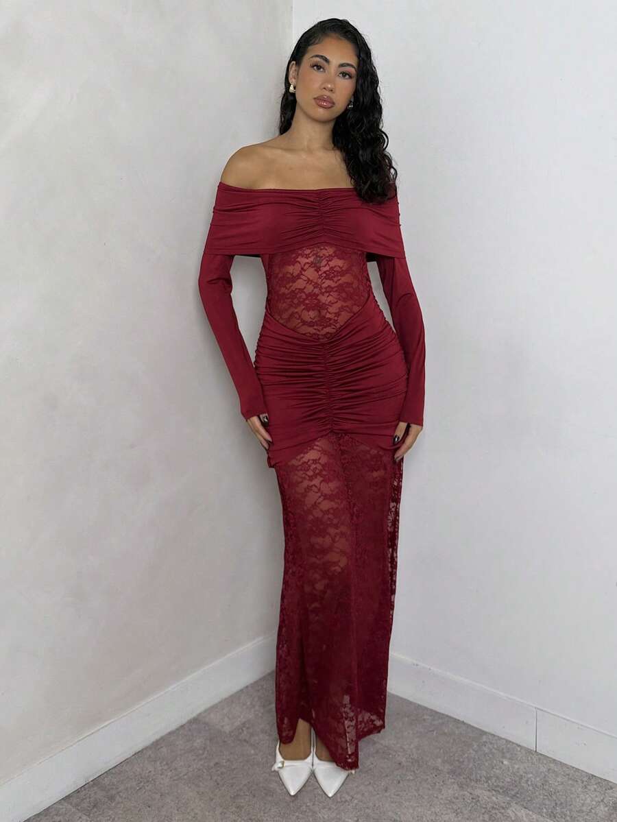 Glamine Women's Elegant Lace Patchwork Ruffle Long Sleeve Off-Shoulder Dress - Burgundy - View 1