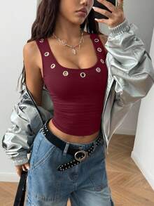 StreetHx 街头风女款朋克金属风黑色无袖铆钉装饰休闲背心 - 紅色 - 查看 5