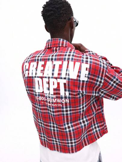 SUMWON Plaid Button Down Long Sleeve Crop Fit Shirt With Back Creative Graphics Casual Checkered Top