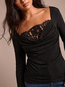 Enchnt Spring Romantic Women's Elegant Fashionable Black Ruffle Collar Lace Patchwork Long Sleeve Blouse, Date&Office&Going Out&Daily Commuting,Black Blouse,Spring Clothes, Black Top - Black - View 2