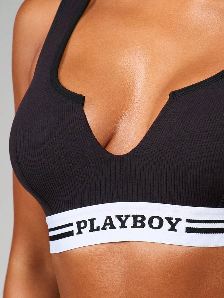 Missguided x Playboy Ribbed V-Neck Bralette And High-Waisted Panty Set With Contrast Elastic Band Detailing Comfortable Everyday Intimates