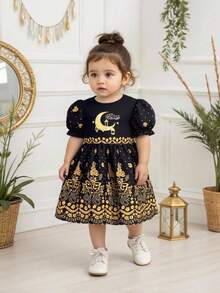 Baby Girl Unique Print Cute Puff Sleeve Dress - Black - View 4