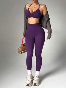 Dewbera Women's Solid Color Halter Top And Pants Sports Suit