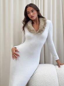 Aloruh Romantic Date Fitted Long Sleeve Turtleneck Maxi Sweater Dress, Apricot, Versatile For Layering, Autumn/Winter - Apricot - View 1
