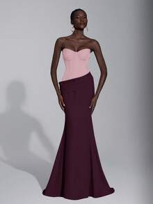 Elitara Thanh lịch, Lãng mạn, Gợi cảm, Tối giản, Tím đậm-Đỏ, Hồng tương phản, Vải chéo, Viền đuôi cá, Xòe, Thời trang, Người có ảnh hưởng, Lễ hội, Kỳ nghỉ, Tiệc sinh nhật, Sự kiện cưới, Đầm dạ hội trang trọng - Hồng - Xem 1