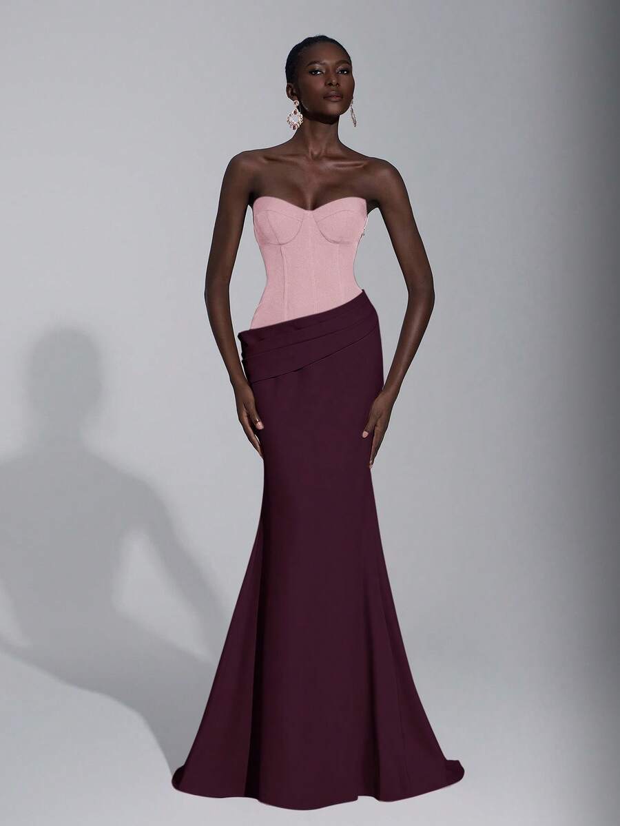 Elitara Thanh lịch, Lãng mạn, Gợi cảm, Tối giản, Tím đậm-Đỏ, Hồng tương phản, Vải chéo, Viền đuôi cá, Xòe, Thời trang, Người có ảnh hưởng, Lễ hội, Kỳ nghỉ, Tiệc sinh nhật, Sự kiện cưới, Đầm dạ hội trang trọng - Hồng - Xem 1