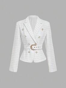 SHEIN MOD 女士白色金属扣双排扣腰带西装外套，秋冬，派对，万圣节，圣诞节，优雅，婚礼，女士正装，别致，女士秋季服装，女士西装外套，白色西装外套，女士粗花呢西装外套 - 白色 - 查看 5