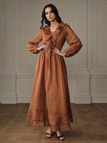 Aveloria Rosie 宽松度假风连衣裙，喇叭袖设计，尽显法式优雅风情 - 亮橙色 - 查看 4