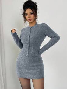 Elenzga 两件套深灰色收腰修身针织连衣裙，女士款，显瘦显瘦，秋冬季 - 灰色 - 查看 6