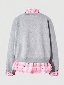 SHEIN ChillGRL Teen Girls Minimalist Versatile Striped Splicing Thermal Lined Gray Long Sleeve Sweatshirt With Plaid Decor, Autumn/Winter - Grey - View 6
