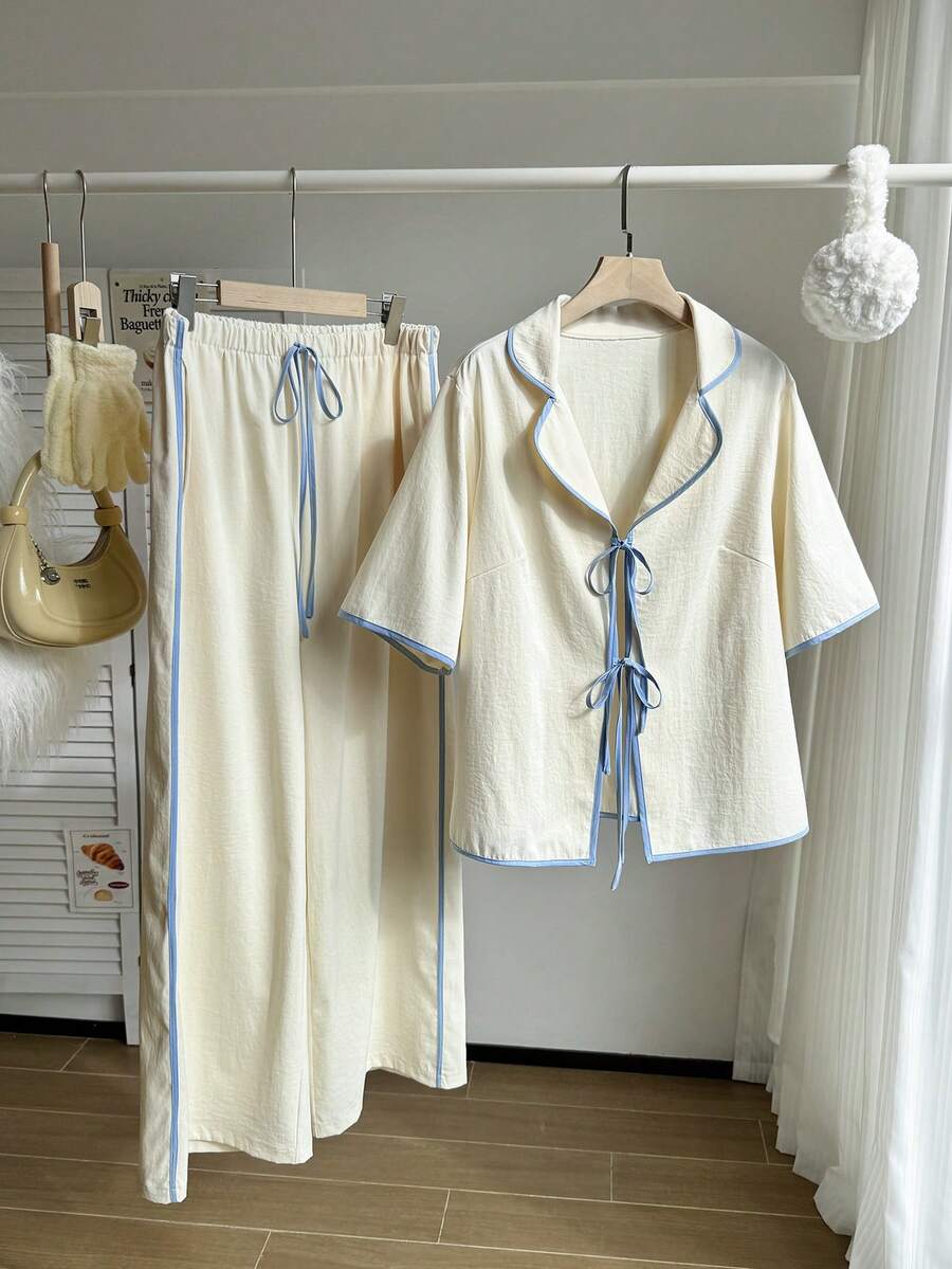 Comfortcana 两件套加大码休闲撞色领结衬衫和裤子套装 - 彩色 - 查看 1