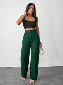 EURMUSE 娇小码女式纯色高腰直筒裤，适合日常穿着 - 墨綠色 - 查看 4