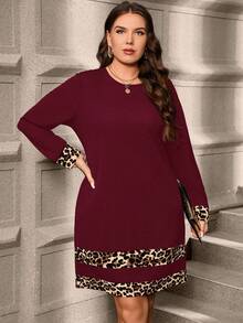 SHEIN Clasi Plus Size Solid Leopard Print Patchwork Minimalist Daily Wear Round Neck Long Sleeve Dress/Winter - Burgundy - View 3