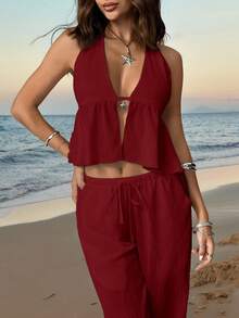 SHEIN EZwear Women's Chiffon Halter Backless 2 Pieces Vacation Casual Set Pant Suit Summer Sets Casual Two Piece Set Women Summer 2 Pieces Sets Women Two Piece Vacation Set Comfortable Two Piece Set 2 Piece Vacation Set Women - Burgundy - View 5