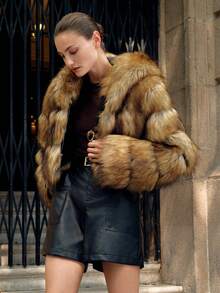 Anewsta Women's Elegant Ombre Leopard Print Faux Fur Hooded Short Jacket - Multicolor - View 6