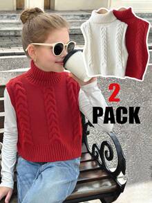 SHEIN Serisse Kids 少女两件套针织无袖羊毛扭结高领上衣 - 紅白色 - 查看 2