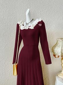 Feyla Vestido de Malha Ajustado com Decoração Floral Vestido Tipo Suéter em Linha A para Outono/Inverno - Vinho - Visão 6