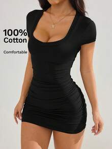 SHEIN PETITE Summer Dress Solid Ruched Bodycon Dress - Black - View 3