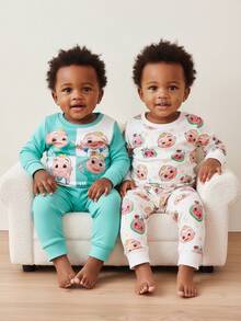 CoComelon X SHEIN 2pcs/Set Baby Boy Cartoon Figure Graphic Rib-Knit Top & Pants Snug Fit Pajamas, Autumn/Winter Fall