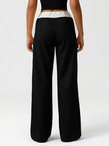 EURMUSE Women's Solid Double Waist Detailed Regular Fit Wide Leg Casual Pants - Black and White - View 2