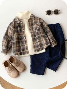 2pcs/Set Baby Boy Plaid Collar Casual Shirt & Elastic Waist Pants Set Baby Set Autumn Winter Season Baby Boys Outfit Baby Boy Plaid Outfit Baby Boy Fall Winter Babyboy Outifts - Multicolor - View 1