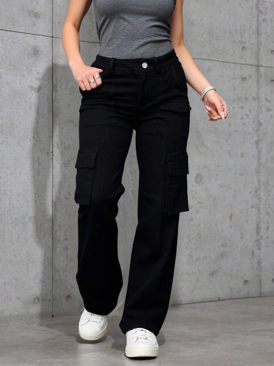 Pantalones cargo holgados con múltiples bolsillos, diseño relajado y versátil, tejido estructurado y con personalidad - Negro - Ver 1
